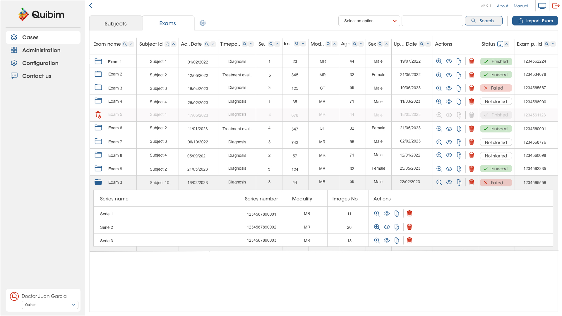 Imaging exams view in QP-Discovery platform with the listed imaging series and their corresponding data